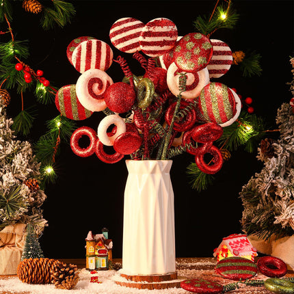 Riceshoot 10 Pack Candy and Lollipop Christmas Tree Picks for Holiday Decorations Christmas Ornament Picks Red Green White Glitter Xmas Tree Topper for Christmas Tree Wreath Decoration Holiday Craft