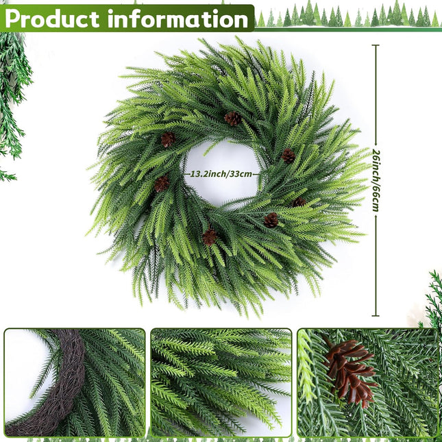 Christmas Wreath Decorations, 26" Norfolk Pine Wreath with Natural Cones, Realistic Christmas Door Wreaths for Indoor Outdoor Window Wall Holiday Decor, Artificial Real Touch Green Wreath Greenery