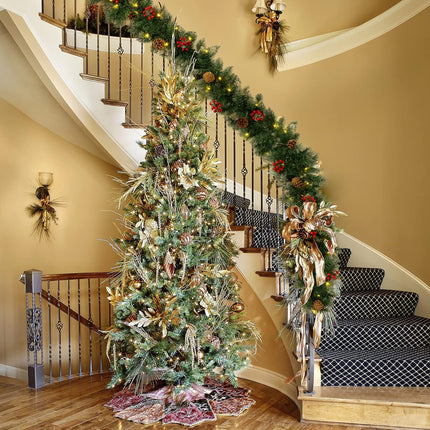 9FT Artificial Christmas Garland Pre-Lit with 50 LED Lights, Battery Powered, Decorated with Snowflakes, Pine Cones, Red Berries, Needle for Mantle Stairs, Indoor Outdoor Decorations