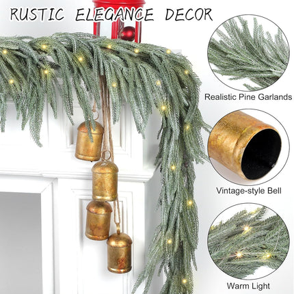 1 Pack Christmas Norfolk Garlands Set 6 Feet Artificial Faux Greenery Garland 4 Cow Bell with Jute Hanging Rope Light String Winter Pine Garland for Xmas Indoor Holiday Decor, Green+White