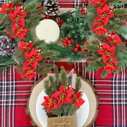 GTIDEA 6pcs Artificial Pine Branches Christmas Greenery Stems with Poinsettias Artificial Christmas Flowers and Berries Fake Green Plants for Xmas Tree Home Porch Table Centerpieces Vase Decor (13.4")