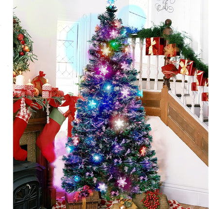 Juegoal 6 ft Pre-Lit Optical Fiber Christmas Artificial Tree, RGB Color Changing LED Lights, Snowflakes & Top Star, Fake Xmas Tree with Metal Legs