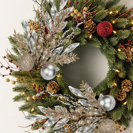 3 Pcs Christmas Glitter Leaves Fern Stems with Ball Ornament, Bay Leaves, 15 Inch Artificial Christmas Picks Floral Branches for Christmas Tree, Xmas Wreath, Centerpieces, Home Decor - Champagne