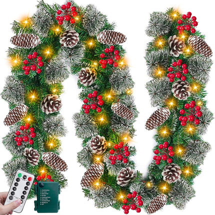 Remote Control - 9 Ft Prelit Christmas Garland 50 Lights Timer 8 Mode Thick 300 Branches 198 Red Berry 18 Pinecone Battery Operated Cedar Garland Outdoor Christmas Garland for Stairs Indoor Xmas Decor