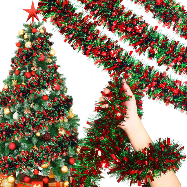 WILLBOND Christmas Tinsel Garland Xmas Metallic Tinsel Twist Garland Glitter Christmas Tree Hanging Wreath Decor for Staircase Railing Banister Indoor Outdoor Ornament (Red and Green, 157.5ft)