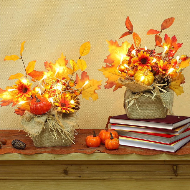 [ 2 Styles & Lighted ] 2 Pack 11 Inch Fall Maple Tree Thanksgiving Decor, Artificial Tabletop Fall Tree with 20 LEDs Battery Powered Fall Leafed Pumpkin Daisy Cones Berry Fall Decorations for Home