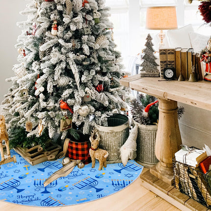 Serencatcher Blue Christmas Tree Skirt, Happy Hanukkah Tree Skirt with Candlestick Cross Star Happy Hanukkah for Merry Christmas Tree Decorations Xmas Happy Halloween Year Holiday Party(48 Inches)