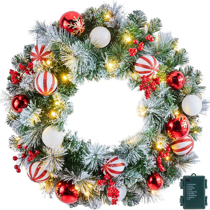 Pre-Lit Artificial Christmas Wreath 24Inch, Christmas Door Decorations Wreath with 50LED Warm Lights, Christmas Balls, Pine Needles, and Red Berries for Front Door Wall Windows X-mas Ornament