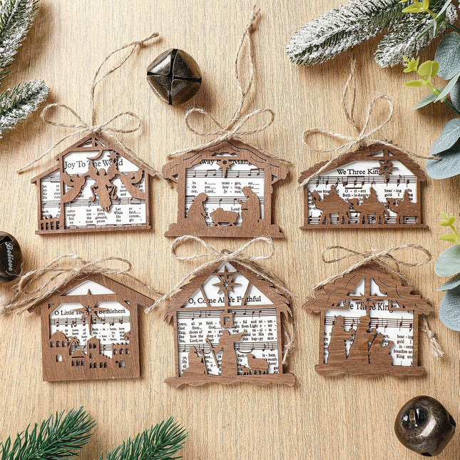 Shellwei 24 Pcs Christmas Nativity Story Wooden Ornaments Set Bulk Christian Music Sheet Nativity Ornament Nativity Scene Hanging Ornaments Xmas Tree Ornaments Religious for Family(Vintage)