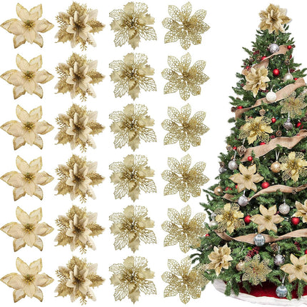 Whaline 24Pcs Christmas Poinsettia with 24Pcs Clips 4 Design Glitter Gold Artificial Flower Winter Party Supplies for Xmas Tree Ornament Wedding Birthday Wreath Decoration