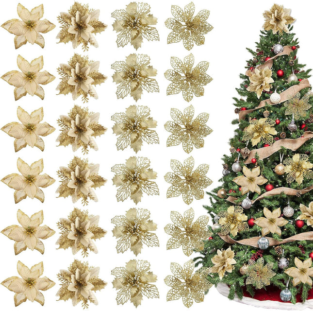 Whaline 24Pcs Christmas Poinsettia with 24Pcs Clips 4 Design Glitter Gold Artificial Flower Winter Party Supplies for Xmas Tree Ornament Wedding Birthday Wreath Decoration