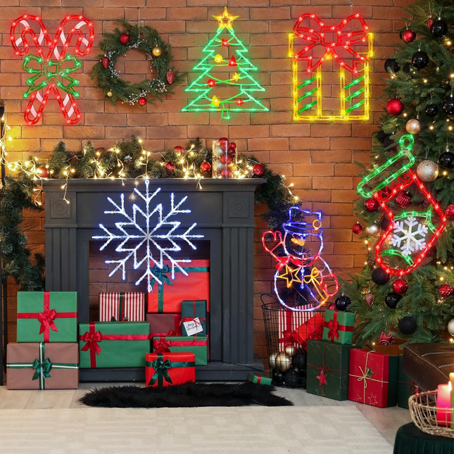 16" Christmas Window Silhouette Lights Decorations - 6 Pack Colour Lighted Candy Cane ＆ Snowman ＆ Christmas Stocking ＆ Bell ＆ Box ＆ Snowflake for Holiday Wall Door Window Decorate