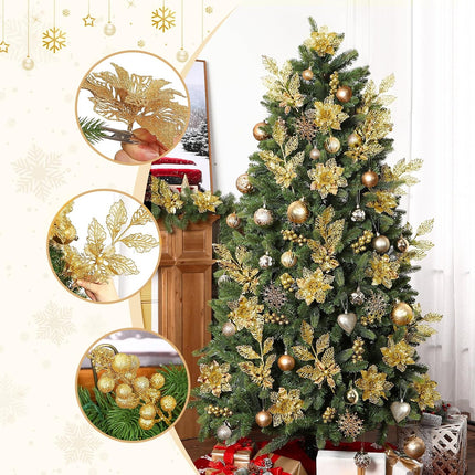 24 Pcs Artificial Glitter Christmas Tree Picks, Boxed 12 Poinsettia Flowers+ 6 Berry Stems+ 6 Flowers Berry Leaves Decorations Set, Indoor Outdoor Holiday Ornaments Decor, Gold