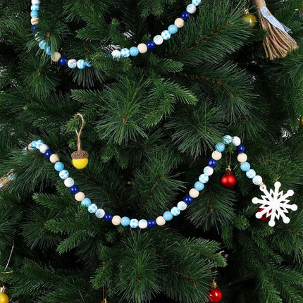 Whaline 2Pcs Winter Wood Beads Garland with Snowflake Pendants Blue White Buffalo Plaids Rustic Farmhouse Xmas Hanging Ornament Snow Flake Beads for Winter Tiered Tray Fireplace Home Decor