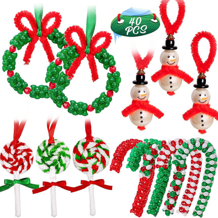 Christmas Crafts for Kids Beaded Ornament Kit - Including 10 PCS Snowman,12 PCS Wreath,8PCS Candy Cane,10PCS Lollipop Xmas Holiday Party Tree Favor Decorations(40Pieces,Assembly Needed)