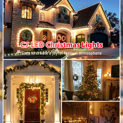 C7 LED Warm White Christmas Lights Outdoor, 100FT Christmas String Lights with 100 Plastic Bulbs, Traditional Hanging Holiday Lights for Christmas Tree Patio Fence Roofline Xmas Decorations