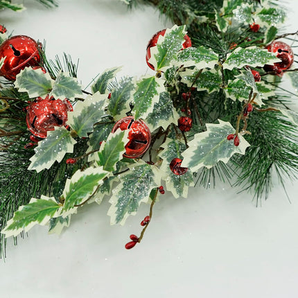 Artificial Christmas Wreath Winter Wreath with Holly Leaves,Red Bell for Front Door Indoor Outdoor Farmhouse Wall Holiday Decor