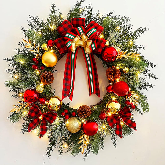 Christmas Wreath with Lights 20 Inch Pre-Lit Christmas Door Wreath for Front Door with Red Plaid Bow and Ball Ornaments, Battery Operated Timer 40 LED Lights, Holiday Decoration for Fireplace Xmas
