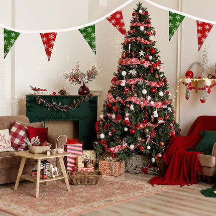100FT Christmas Plastic Flags, Holiday Pennant Banner, Green and Red Garland with White Snowflakes, Xmas Decoration Triangle Flags, Winter Decoration Bunting Banner, by Bashout