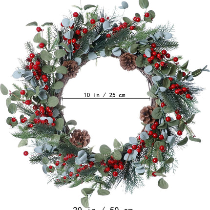 20 Inches Christmas Wreath Winter Wreaths Holiday Christmas Wreaths for Front Door Christmas Berry Wreath with Pine Needles Pine Cones Red Berries for Window Indoor Outdoor Winter Decorations