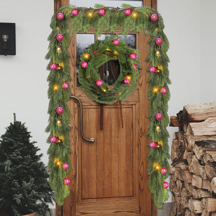 Ceenna 6.2FT Pre Lit Christmas Cedar Garland with Lights Artificial Pine Garland Christmas Decorations with Ball Ornaments,8 Modes Timer Battery Operated for Outdoor Indoor(Rose Red)