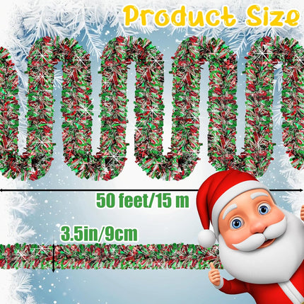50 Feet Christmas Tinsel Garland,Metallic Twist Hanging Wreath Shiny Xmas Tree Ornament for Home,Stairs,Indoor,Outdoor Decorations,Party Supplies(Red,Green,Silver)