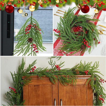 Christmas Garland with Lights Artificial - 4PCS Norfolk Pine Garlands Set, 2 Real Touch Christmas Teardrop Swag 1 Christmas Wreath for Mantle, Table, Indoor, Porch Christmas Decorations
