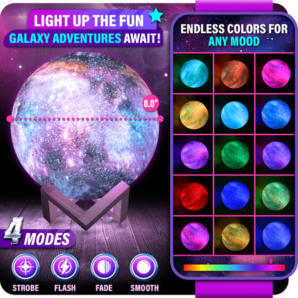 Mind-Glowing Galaxy Moon Lamp with 16 Colors, Touch/Remote, Wood Stand - Teen Girls Trendy Stuff - Christmas for 6 7 8 9 10 11 12 Year Old Teenage Girl - Cool Night Light for Kids (8.0 inch)