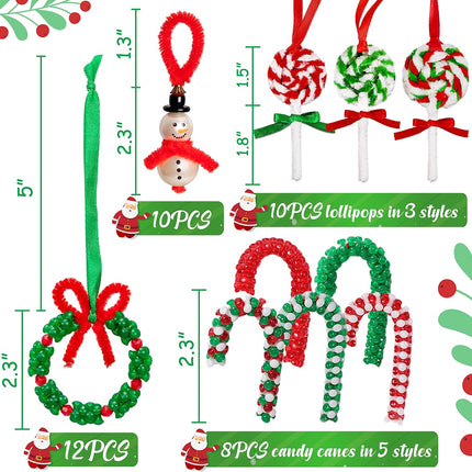 Christmas Crafts for Kids Beaded Ornament Kit - Including 10 PCS Snowman,12 PCS Wreath,8PCS Candy Cane,10PCS Lollipop Xmas Holiday Party Tree Favor Decorations(40Pieces,Assembly Needed)