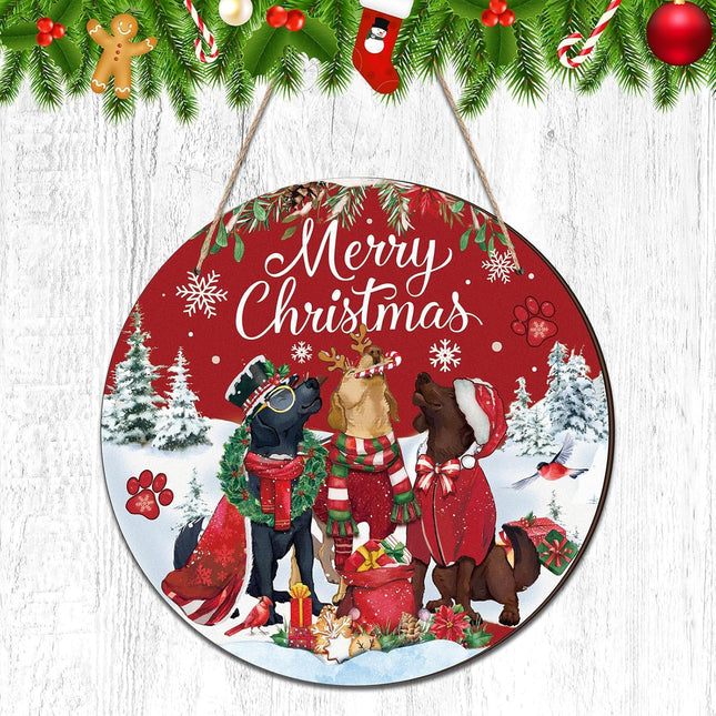 Christmas Door Decoration Merry Christmas Front Door Wreath Red Green Dog Signs Rustic Xmas Door Hanger Holiday Wooden Christmas Decor for Home Front Door Porch Wall Windows Outdoor
