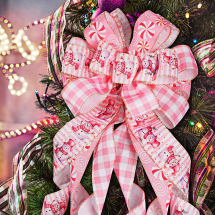 Pink Christmas Tree Topper Bow - 45'' x 13'' Large Pink Plaid Edge Ribbon Bow for Tree & Wreath - Rustic Christmas Tree Decor, Pink Buffalo Plaid Bow Wreath for Christmas Decorations