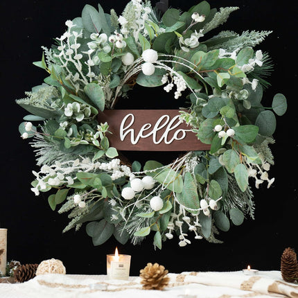 Winter Christmas Wreaths Front Door Decoration, Soomeir Artificial Wreath with Snow Leaves, Pines Needles and Hello Wooden Sign for Home Window Mantle Indoor Outdoor Decor