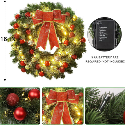 Lulu Home 16 Inch Pre-lit Christmas Wreath with Hook, Battery Operated Christmas Wreath Decorative Christmas Balls Hanging Ornament, Artificial Door Wreath 40 Clear LED Lights