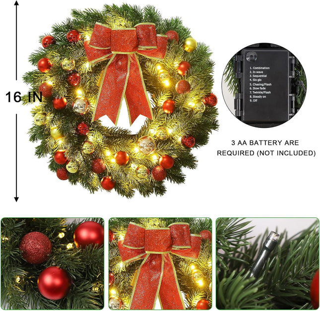Lulu Home 16 Inch Pre-lit Christmas Wreath with Hook, Battery Operated Christmas Wreath Decorative Christmas Balls Hanging Ornament, Artificial Door Wreath 40 Clear LED Lights