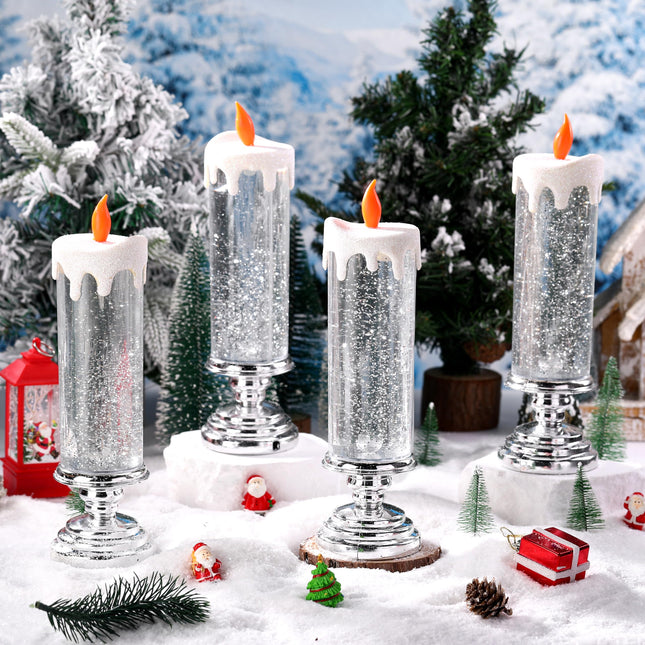 4 Packs Christmas LED Battery Operated Candles Flickering Flameless Xmas Candle with Pedestal Glitter Swirling Pillar USB Rechargeable Light Candles for Xmas Party s Home Indoor Decor