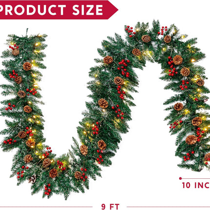 Joiedomi 9Ft Artificial Christmas Garland Prelit with LED Lights, 27 Pine Cones, 27 Red Berries for Home & Office Christmas Indoor and Outdoor Decorations (Battery Powered, Batteries not Included)