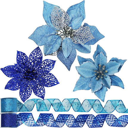 Winlyn 26 Set 3 Style Christmas Blue Glitter Poinsettia Flowers Picks Xmas Tree Ornaments and 12 Yards Decorative Blue Glittered Wired Ribbon for Blue Christmas Tree Wreath Garland Holiday Décor