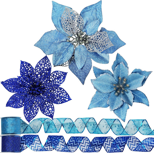 Winlyn 26 Set 3 Style Christmas Blue Glitter Poinsettia Flowers Picks Xmas Tree Ornaments and 12 Yards Decorative Blue Glittered Wired Ribbon for Blue Christmas Tree Wreath Garland Holiday Décor