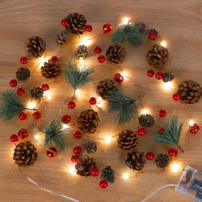 Christmas Garland with Lights,6.7FT/2m 20 LED Pinecone String Lights Battery Operated,Red Berry Bells Garland Lights for Mantle Fireplace Indoor Outdoor Xmas Decor (1Pack)
