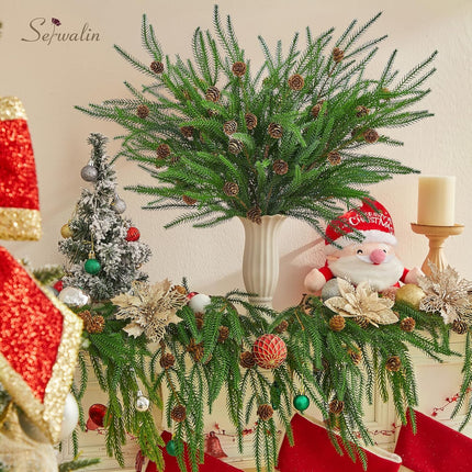 Serwalin 23.6“ Artificial Pine Branches, 12PCS Real Touch Norfolk Pine Branches with Pine Cones, Faux Christmas Greenary Picks for Xmas DIY Crafts Wreath Indoor Outdoor Home Decor