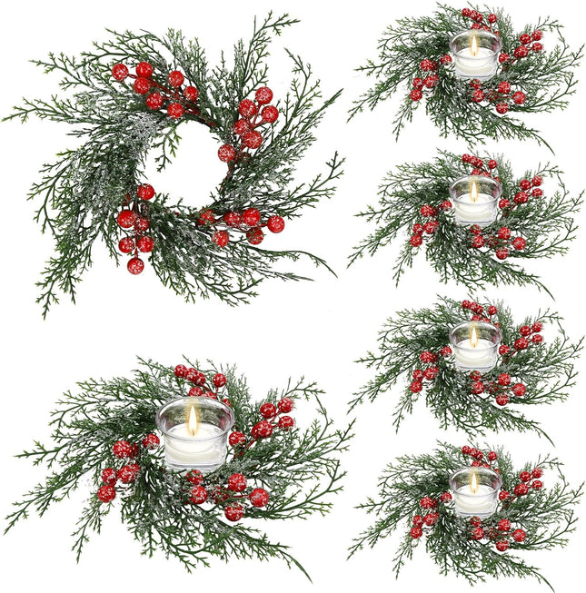 Christmas Candle Rings Wreath Artificial Candle Rings with Red Berry, Snowy Pine Garland Candle Ring Holder for Christmas Decorations Table Centerpiece (6 Pcs)