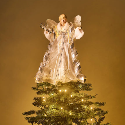 Valery Madelyn Lighted Christmas Tree Topper Angel with Timer, 16 Inch White and Silver Fabric Angel Tree Topper with Lights for Christmas Tree Decoration Indoor, Battery Operated