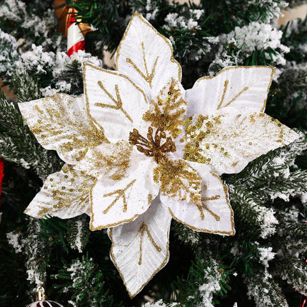 GL-Turelifes 10.7’’ Large Glitter Christmas Flowers 6 Pcs Artificial Poinsettia Flower Ornaments Fold Floral for Christmas Tree Decorations Xmas Tree Year Party Wedding Centerpiece (White)