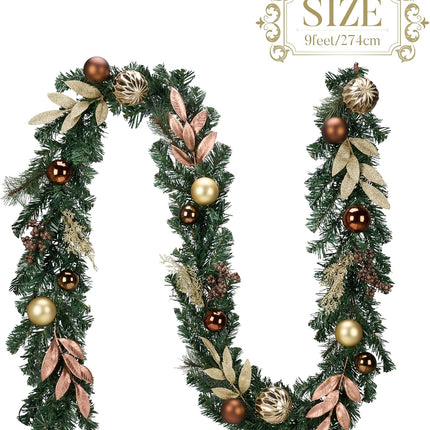 Valery Madelyn 9ft Pre-Lit Christmas Garland with Light for Mantle, Lighted Battery Operated Xmas Garland with Bronze Copper Gold Balls for Front Door Fireplace Table Centerpiece Outdoor Window Decor