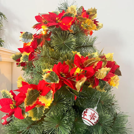 Christmas Poinsettia Garland,6 FT Lighted up Artificial Garlands with Red Flowers,6H/18H Timer Battery Operated Christmas Staircase Garland,Xmas Year Home Decor