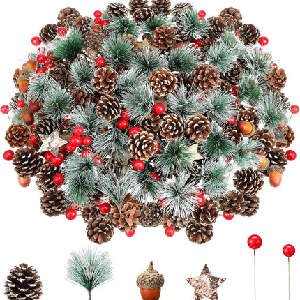 Riceshoot 432 Pcs Christmas Artificial Pine Cone Red Berry Set Christmas Wreath Making Decoration Pine Branches Acorns Wooden Stars for Xmas Tree Ornament Supplies Winter Home Party DIY Crafts Holiday