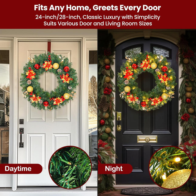 28inch Extra Large Pre-lit Christmas Wreath 8 Modes Lighting Artificial Deluxe Lighted Christmas Wreath Decorations Ornament with LED Lights Door Window Fireplace Decor Timer Function (28 INCH)