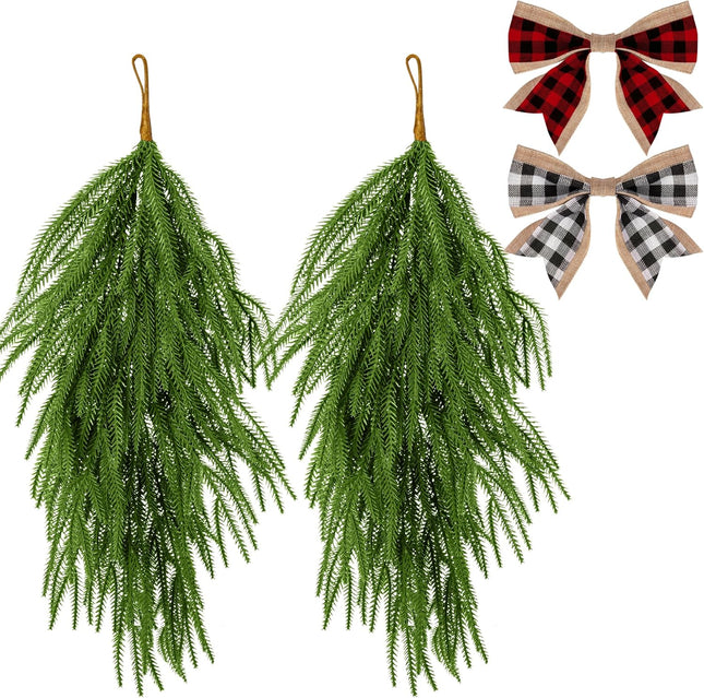2 Pcs Artificial Christmas Teardrop Swag with Plaid Bow- 28" Faux Pine Needles Teardrop Door Swag- Christmas Norfolk Greenery Teardrop Wreath for Xmas Door Mantle Fireplace Indoor Outdoor Decor