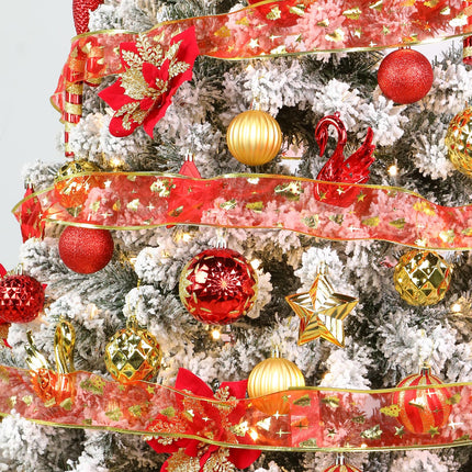 128pcs Christmas Balls Ornaments Set, Shatterproof Plastic Baubles Christmas Flowers, Ribbon and Tree Topper for Xmas Tree Holiday Wedding Party Decorations with Hanging Strings, Red and Gold