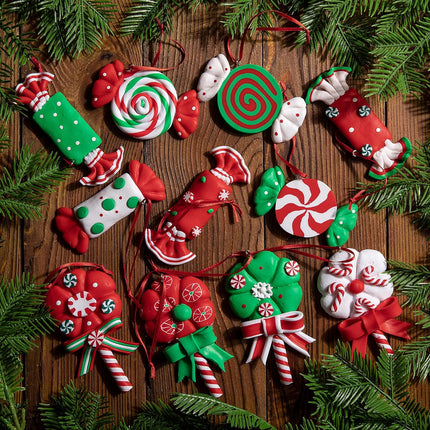 moonoom 12 Pieces Christmas Lollipop Ornaments,Christmas Candies Polymer Clay Ornament,Xmas Decor Candy Cane Hanging Decorations,Sweets Candy Pendant Xmas Tree Party Supplies